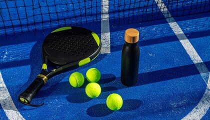 flatlay of a padel racket, ball, and a tumbler on blue court