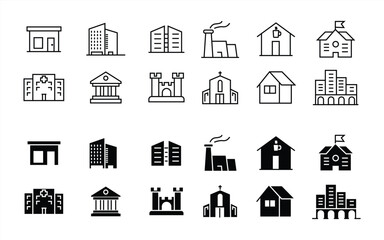 Building web icons in line style. Hotel, hospital, apartment, city, townhouse, mall, coffee shop, collection. Vector illustration