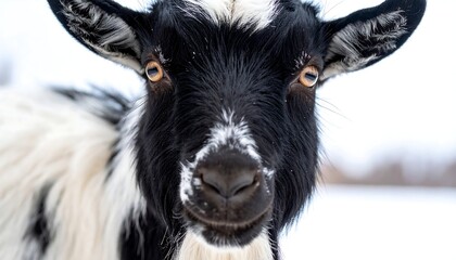 Close-up of a goat's face, black and white fur, winter setting