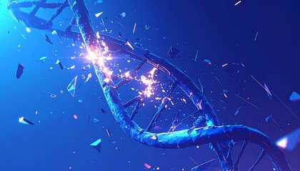 A broken DNA double helix, fragmented and exploding in a vibrant blue and pink background