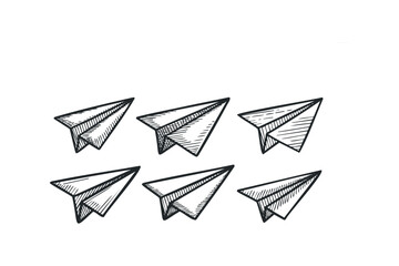 Six hand-drawn paper airplanes in a row. Vector hand drawn illustration