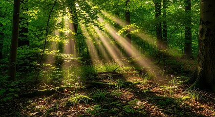 Obraz premium Sunlight streams through dense forest canopy illuminating lush green foliage and forest floor in magical way