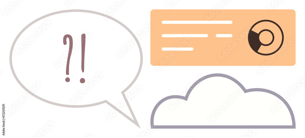 Poster question mark in speech bubble, data chart on card, cloud symbolizing connectivity, conversation, an