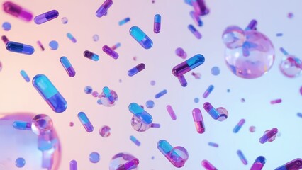 Colorful pharmaceutical capsules in motion against a soft, pastel backdrop.