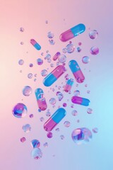 Vibrant,  pastel-toned pills and liquid droplets suspended in a soft, gradient background.