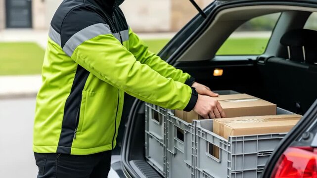 Delivery Driver Unloading Packages From Vehicle Trunk In Urban Environment - Efficient Logistics Operation Demonstrated