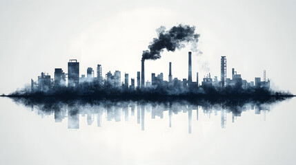 Obraz premium Industrial skyline factory smokestack pollution smoke silhouette reflection minimal monochrome haze. Industrial skyline with factory smokestack, pollution, smoke, and reflection create moody
