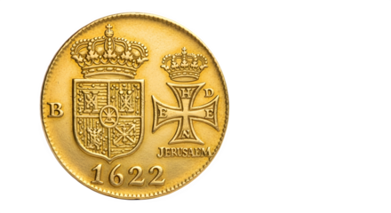 Antique gold coin isolated on transparent background, a rare numismatic treasure from 1622, showcasing historical significance and intricate design