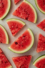 Freshly cut watermelon slices arranged artfully on a light-colored surface, showcasing vibrant red flesh and bright green rind.