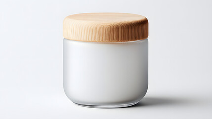 Frosted glass candle jar wooden lid minimal design neutral color soft light studio background clean aesthetic modern style cozy mood home decor blends elegance with calm warmth for serene ambiance