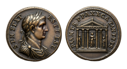 Two sides of a bronze coin featuring a laurelwreathed emperor portrait and a temple facade, showcasing ancient roman artistry and history isolated on transparent background