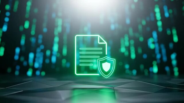 Cybersecurity Protection With Document Shield Icon Over Green Digital Background For Data Safety And Compliance In Modern Technology