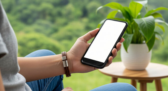 Modern Woman Holding Smartphone with Blank Screen in Nature