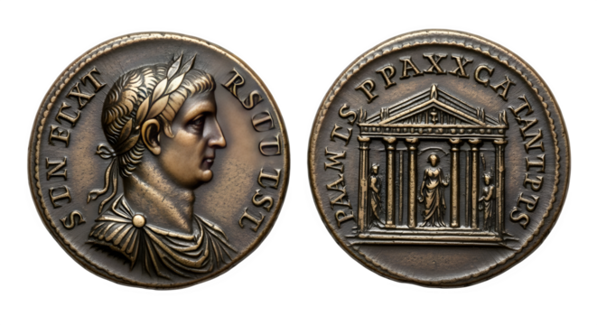 Two sides of a bronze coin featuring a laurelwreathed emperor portrait and a temple facade, showcasing ancient roman artistry and history isolated on transparent background