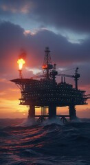 Obraz premium Offshore oil rig at sunset with fiery flare stack