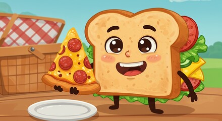 Naklejka premium Cartoon sandwich and pizza