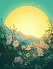 Sunlit Mountains with Blossoming Flowers