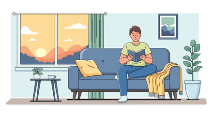 Fototapeta premium Man reading a book on the sofa in a cozy living room vector illustration of a relaxing scene perfect for lifestyle and home decor concepts