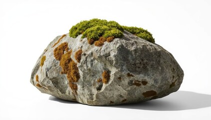A large, substantial rock, speckled with various shades of gray, displays patches of vibrant green moss and hints of orange lichen against a stark white background.