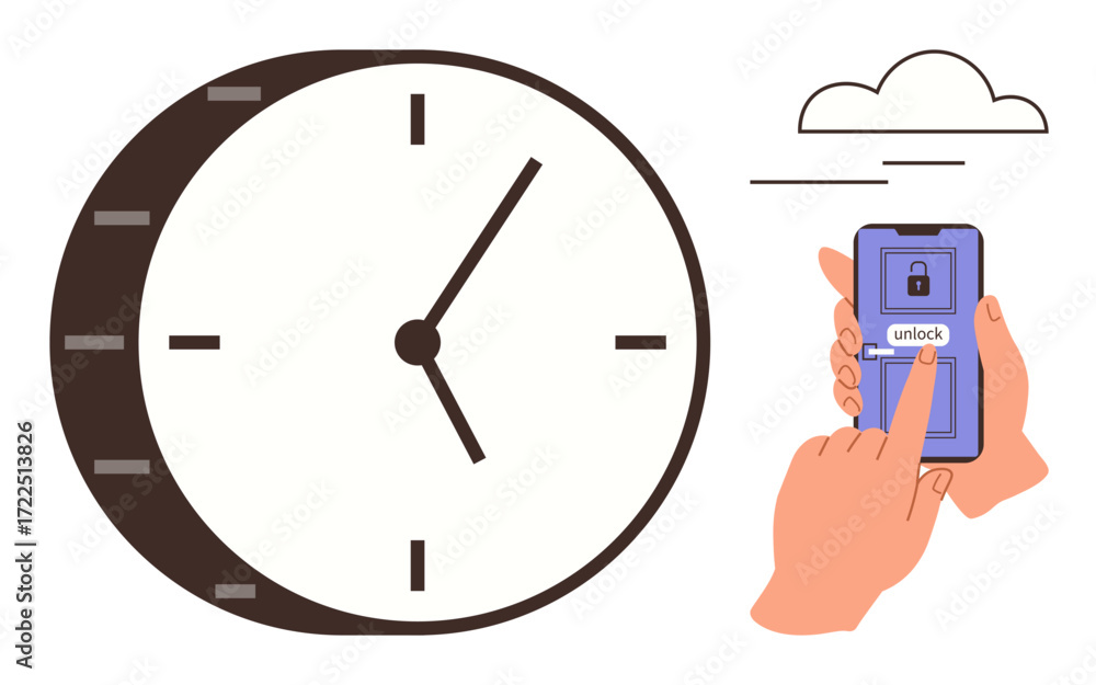 Poster large analog clock near hands unlocking smartphone screen with secure app. ideal for time management