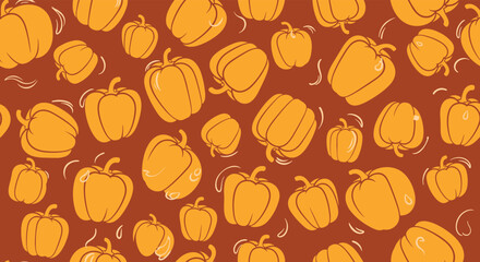 A cheerful pattern of orange bell peppers scattered across a warm brown background for a festive culinary theme.
