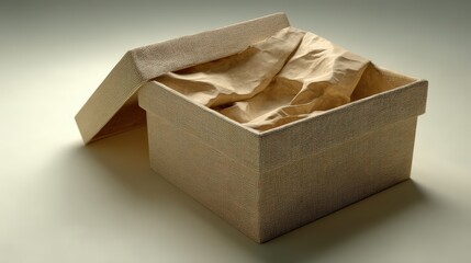 Mailing box made from plant-based resin, placed on recycled paper texture, gentle shadow gradient, muted naturals, minimal composition, high-resolution mockup, eco branding, product design showcase