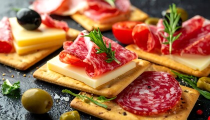 Appetizer platter of crackers with cheese and cured meats