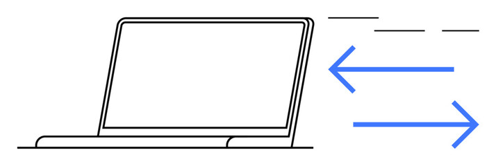 Laptop outline with blue bidirectional arrows indicating data transfer and communication. Ideal for technology, networking, file sharing, cloud storage, connectivity, online processes, digital