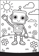 Cute Cartoon Robot Coloring Page with Sun Clouds Flowers and Stars Black and White Line Art