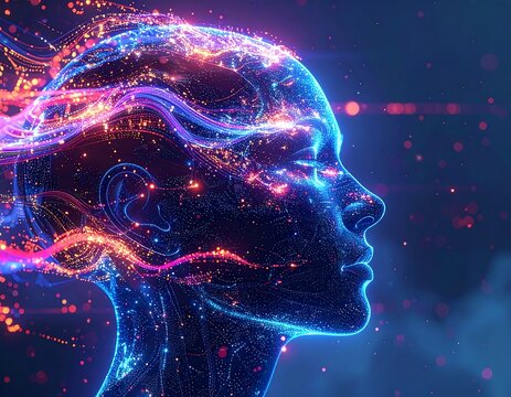 Abstract digital portrait of a woman's head.  A futuristic, glowing design