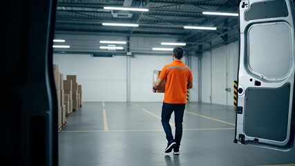 Efficient Package Delivery in Urban Logistics: Professional Courier Service in Action Within Modern Warehouse Environment