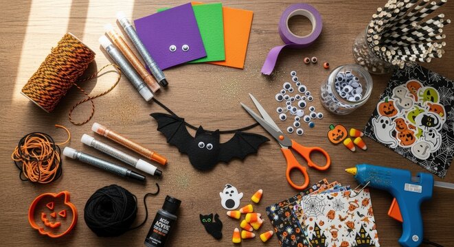 A festive flat lay arrangement of various Halloween arts and crafts supplies laid out on a wooden surface for a creative seasonal DIY project