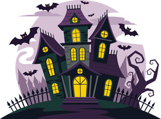 Haunted house on hill with bats and crescent moon