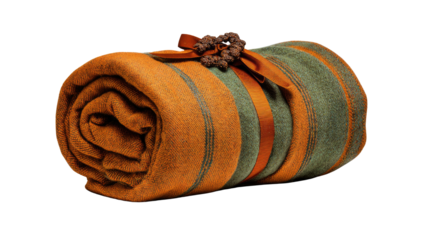 cozy orange green blanket neatly rolled adorned with ribbon bow on white background