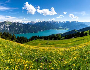 Panoramic mountain vista with a bright lake