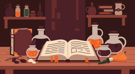 Cozy witchcraft table scene in flat style