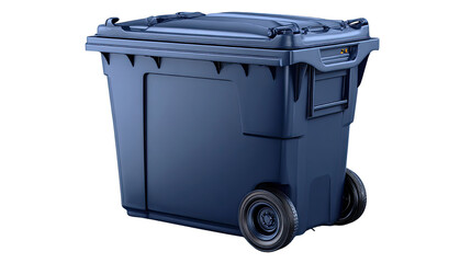dark blue plastic garbage container with lid on white background