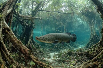 Arapaima swims in the flooded Amazon rainforest. Ideal for conservation, travel, and wildlife projects.