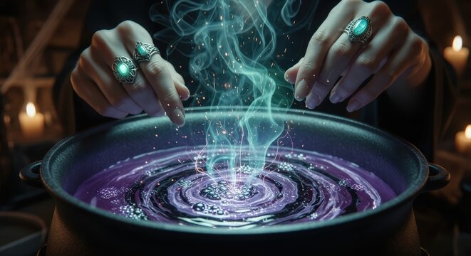 Mystical hands of a sorceress casting a glowing spell, brewing an enchanted purple potion in a cauldron for a secret ritual