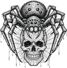 Spider clutching skull with dripping threads