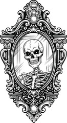 Baroque mirror with miniature skeleton portrait
