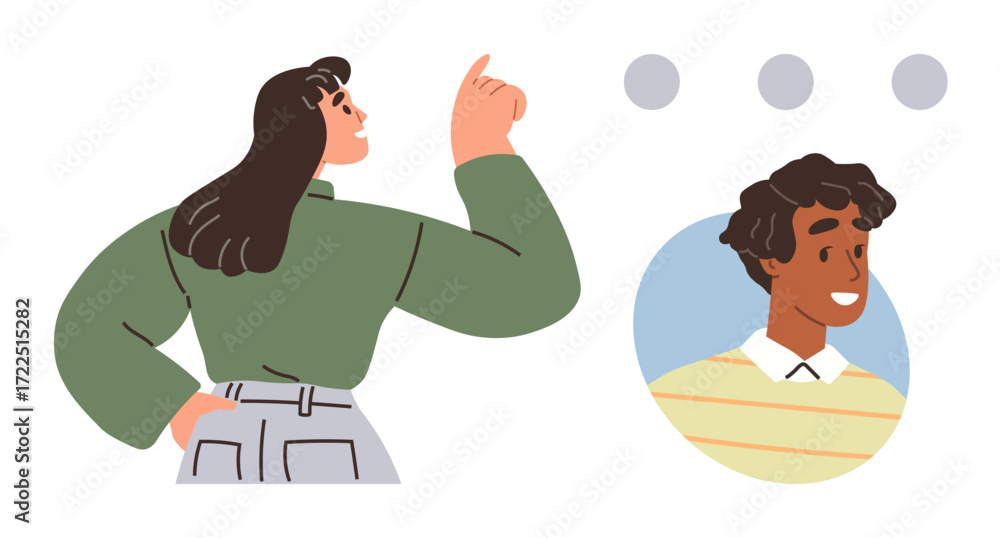 Aufkleber woman confidently pointing as if explaining or instructing, smiling mans profile in a circle. ideal 