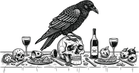 Raven still life on skull with wine and rotten fruit