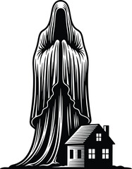 Hooded ghost with small house at night