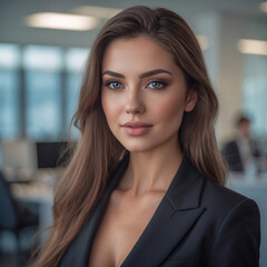 female corporate executive posing confidently modern workplace suit career concept wallpaper background