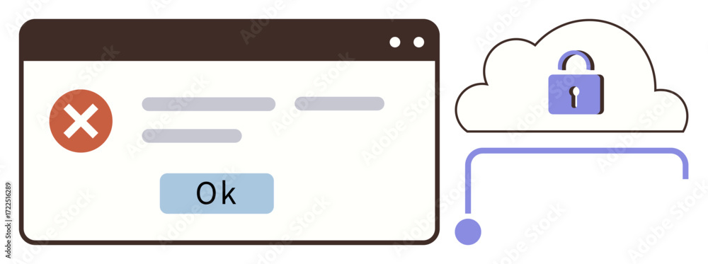 Aufkleber error message window with red cross and ok button next to a cloud icon with a padlock. ideal for cyb