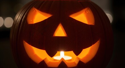 A carved pumpkin with an illuminated candle inside, creating a spooky Halloween face.