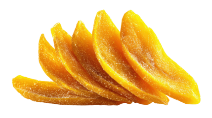 slices of dried mango on white background