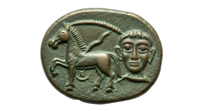 Ancient coin featuring a winged horse and a human face isolated on transparent background, a relic from the past offering a glimpse into history