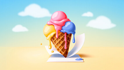 Melting Ice Cream Cone:  Summery Pastel Colors, Whimsical Style,  Sweet Treat Illustration.